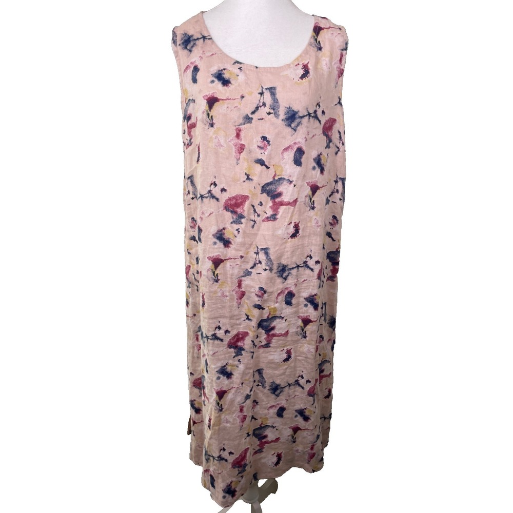 Bellambra Linen Midi Dress Large Pink Abstract Painterly Lagenlook Beachy Resort